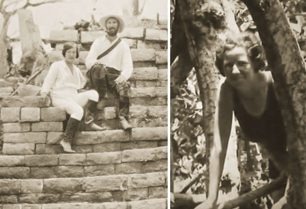 Links: avonturier F.A. Mitchell-Hedges met zijn vriendin en financier Lady Richmond Brown tijdens een expeditie in Midden-Amerika de jaren '20. Rechts: de jonge Anna Mitchell-Hedges mocht ook mee