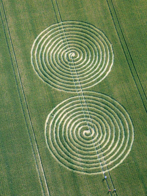 Graancirkel met een dubbele spiraal, aangetroffen bij Chaddenwick Hill in Wiltshire, op 13 juli 2011