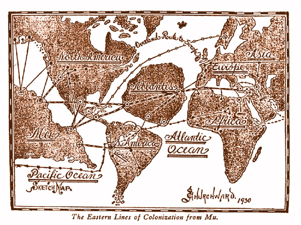Grove schets van de ligging van Atlantis en Mu (Lemurië)