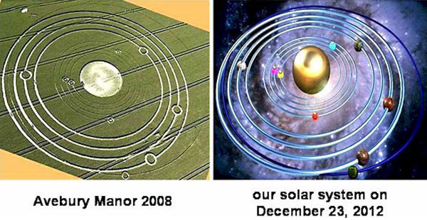 Deze graancirkel werd op 15 juli 2008 aangetroffen in een veld bij de mysterieuze plaats Avebury in Wiltshire, Engeland. Hij verwijst naar de datum van 23 december 2012 in ons zonnestelsel. Tot verbazing van velen kreeg hij een week later nog een 'staartje'